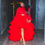 Thumbnail: Red High Low Tulle Skirt for Women Puffy Draped Tulle Mesh Tutu Asymmetric Prom