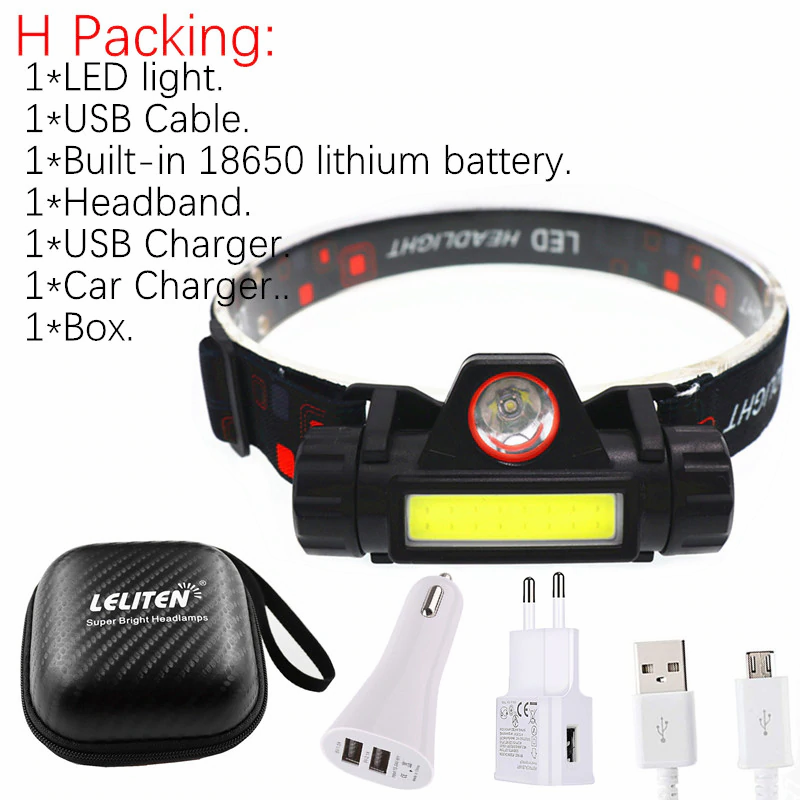 Portable Mini Flashlight Lantern Q5+COB Led Headlamp + 1
