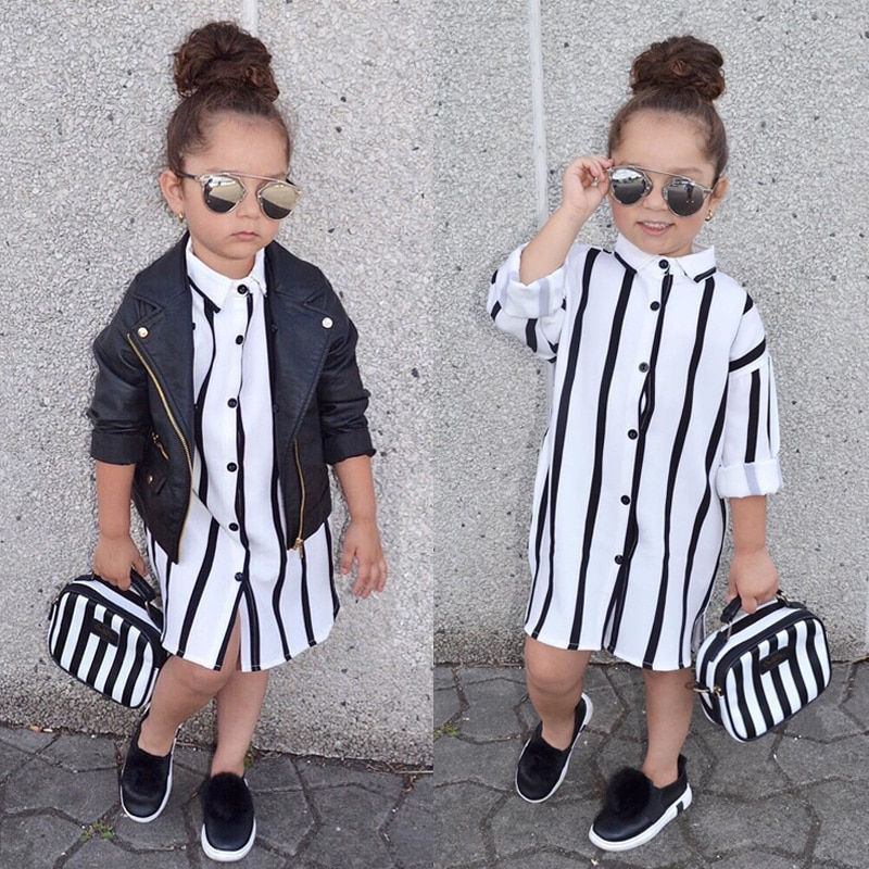 Long Sleeve Buttons Shirt Dresses Striped Girls Kids Dress Clothes 1-6y