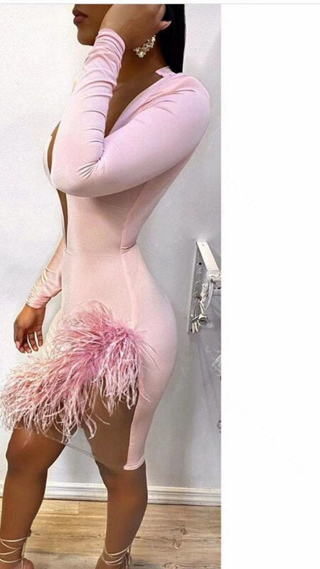 Thumbnail: High Quality Pink Long Sleeve Feathers Hollow Out Rayon Bandage