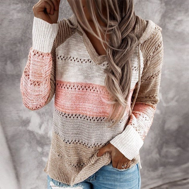 Autumn Women Patchwork Hooded Sweater Long Sleeve V-Neck Knitted Sweater Casual
