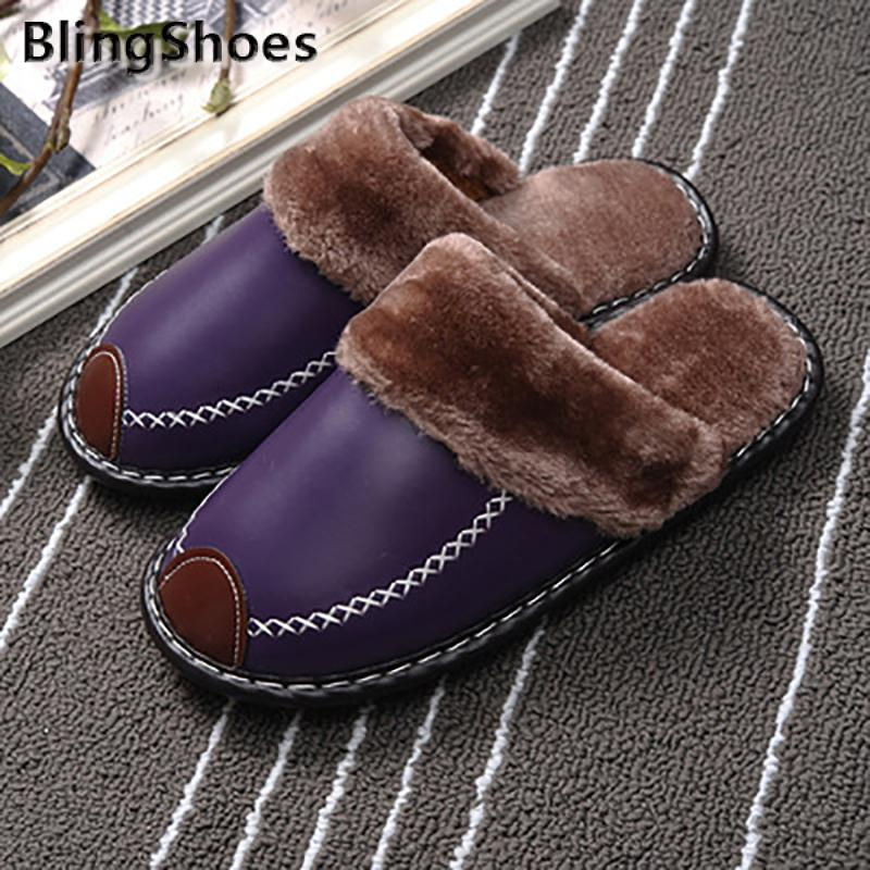 Thumbnail: Pu Leather Patchwork Plush Warm Slippers Waterproof  Couples Short Non-Slip Fur