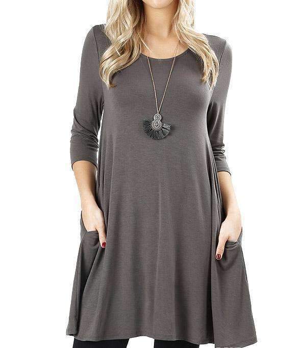 Thumbnail: Swing Tunic With Pockets, 3/4 Sleeve (9 Colors)