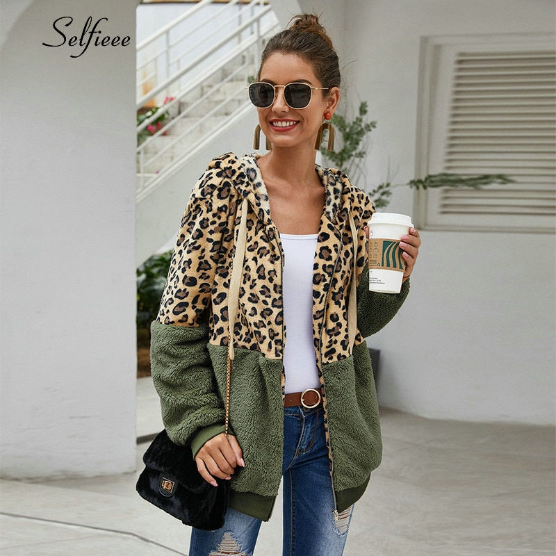 Leopard Hoodies Casual Zipper Long Sleeve Hoodie Fashion Top Warm Coat