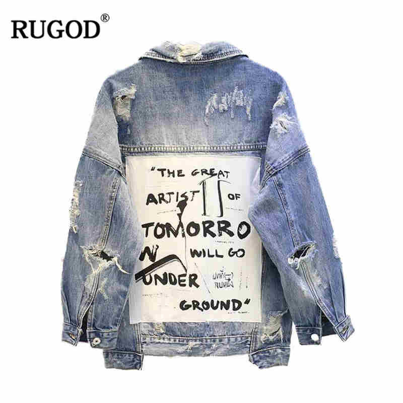 Thumbnail: RUGOD Basic Coat Bombers Vintage Fabric Patchwork Denim Jacket Women Cowboy