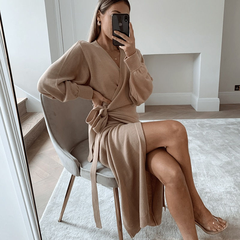 Sweater Dresses Knitted Women Sweaters New Slim Slit Long Sleeve Casual V-Neck