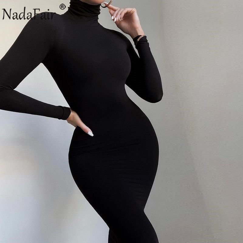 Thumbnail: Long Sleeve Turtleneck Autumn Winter Solid Casual Basic Black White Bodycon