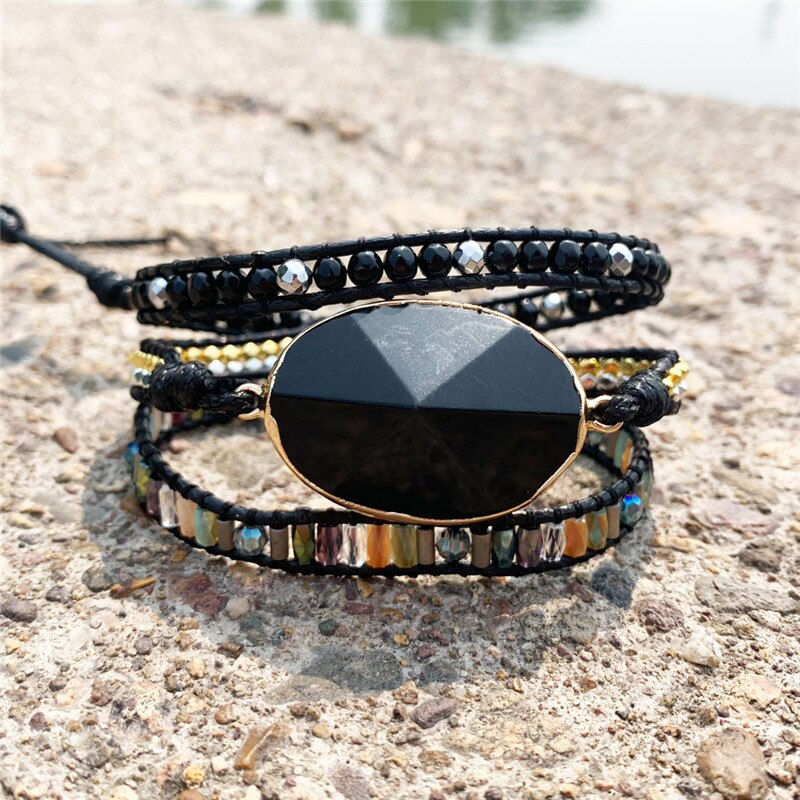 Miniatura: Wrap Bracelet Natural Stone Beaded 3X Layers Statement Black Onyx