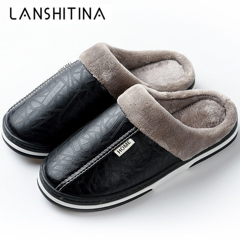 Leather Thick With Plush Home Waterproof Flats Warm Shoes Non-Slip Slippers