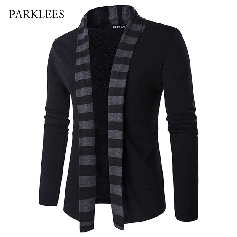 Black Cardigan Sweater Men Fashion Hit Color Stripe Neck Knitwear Cardigans