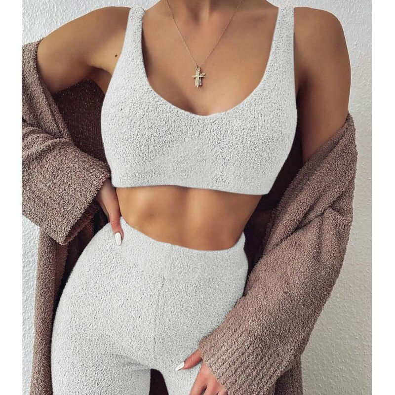 Fall Winter Fur Two Piece Outfits Sexy Backless Crop Tops Women Outfits