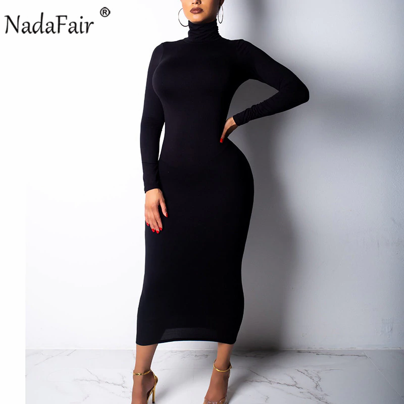 Thumbnail: Long Sleeve Turtleneck Autumn Winter Solid Casual Basic Black White Bodycon