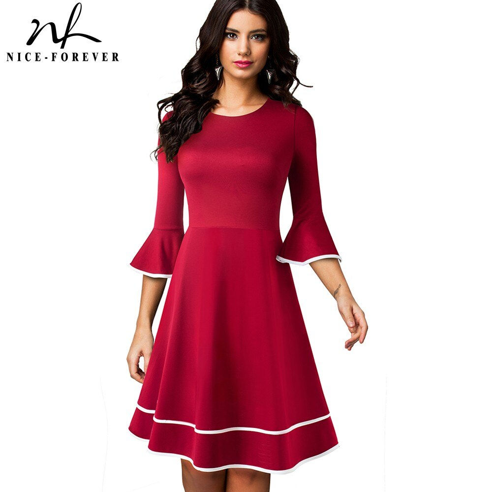 Nice-Forever Autumn Solid Color With Flare Sleeve Retro A-Line Dresses