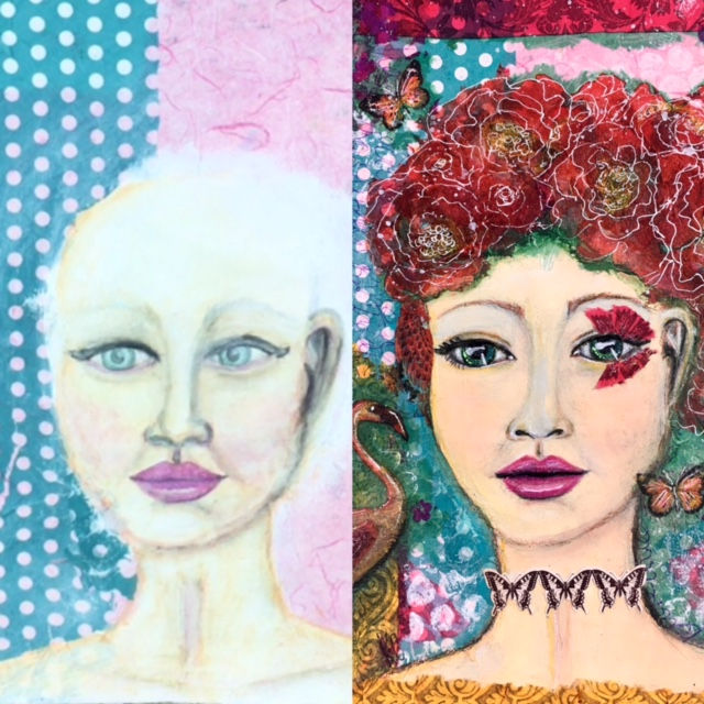 Before and after photo of my art journal page 'makeover'.
