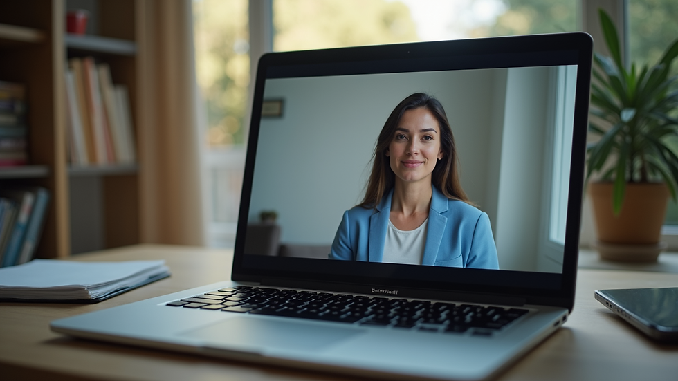 Close-up view of a laptop screen showing a virtual therapy session in progress