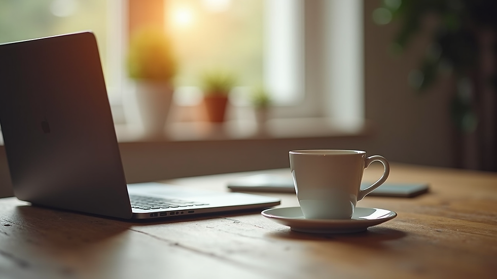 Eye-level view of a cozy home office setup with a laptop and a cup of tea