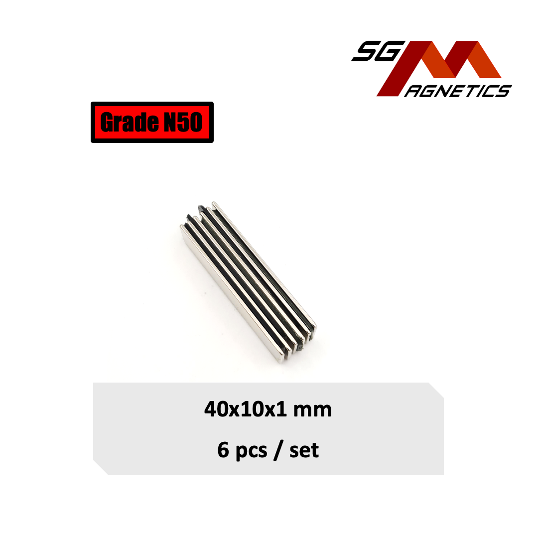 40x10x1mm (N50) - Neodymium Block Magnets - 6pcs