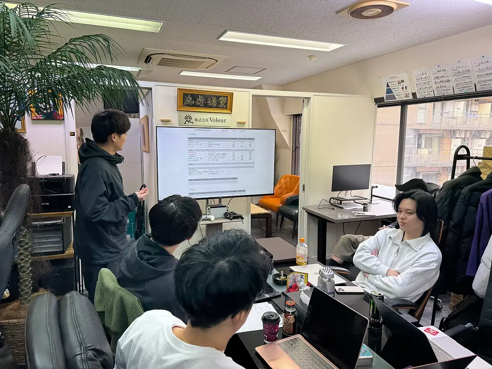 部署の事業責任者がモニターの前にたち各部署の責任者へ発表している