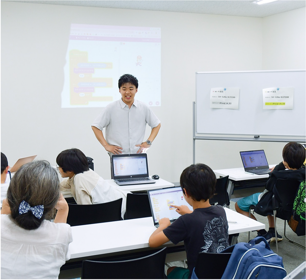 株式会社Voleurの代表の福住が講師を務め、生徒たちにプログラミングとはを教えている