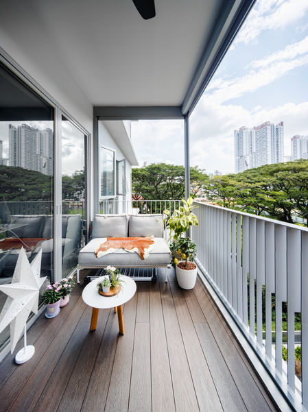 Outdoor Balcony Interior Design Ideas and Styling, Bright and Zip track setting and engineered wood decking in Singapore