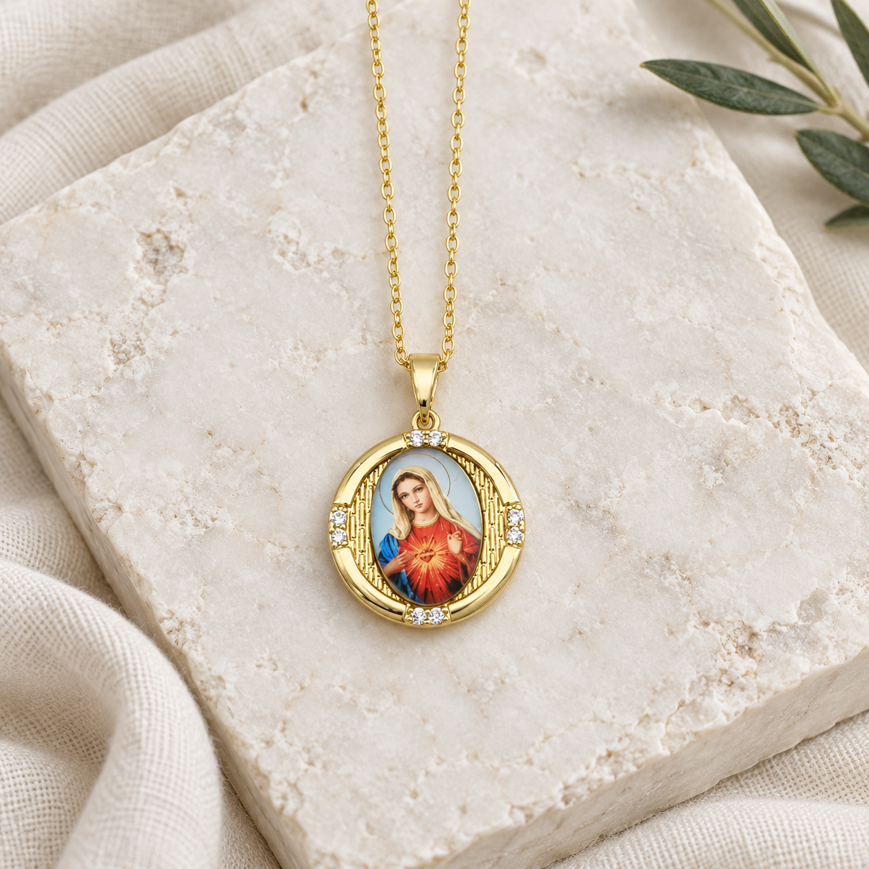 Gold-Plated CZ Mary Pendant Necklace