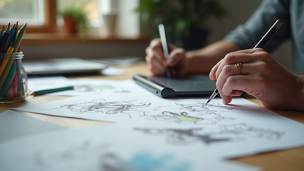 Close-up view of a designer’s workspace with sketches and a tablet