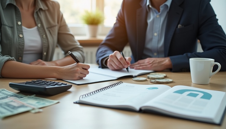 Close-up of a couple reviewing a budget planner with bills and a calculator on the table