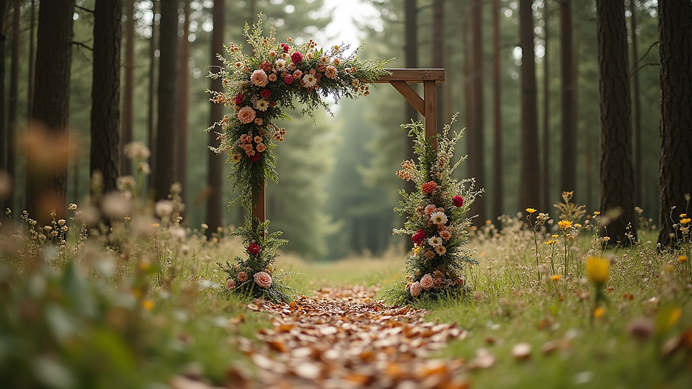 Eye-level view of a small wedding setup in a forest clearing with simple floral decorations