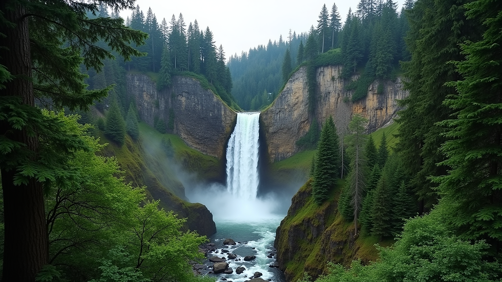 Wide angle view of Snoqualmie Falls surrounded by lush green trees