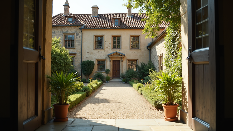 Eye-level view of a charming historic building with a garden courtyard