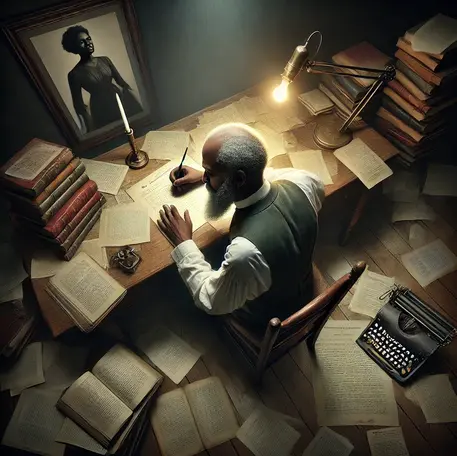 A modest study or library, likely in the late 19th or early 20th century, set in the home of a Black intellectual, educator, or activist deeply invested in preserving Black narratives.