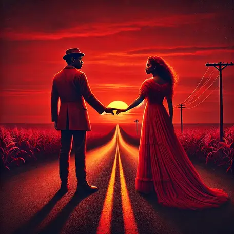 A limitless highway in the rural American South, possibly Mississippi, Alabama, or Georgia, where history, migration, and love stories are deeply intertwined. The endless stretch of road represents both an escape and a destination.
