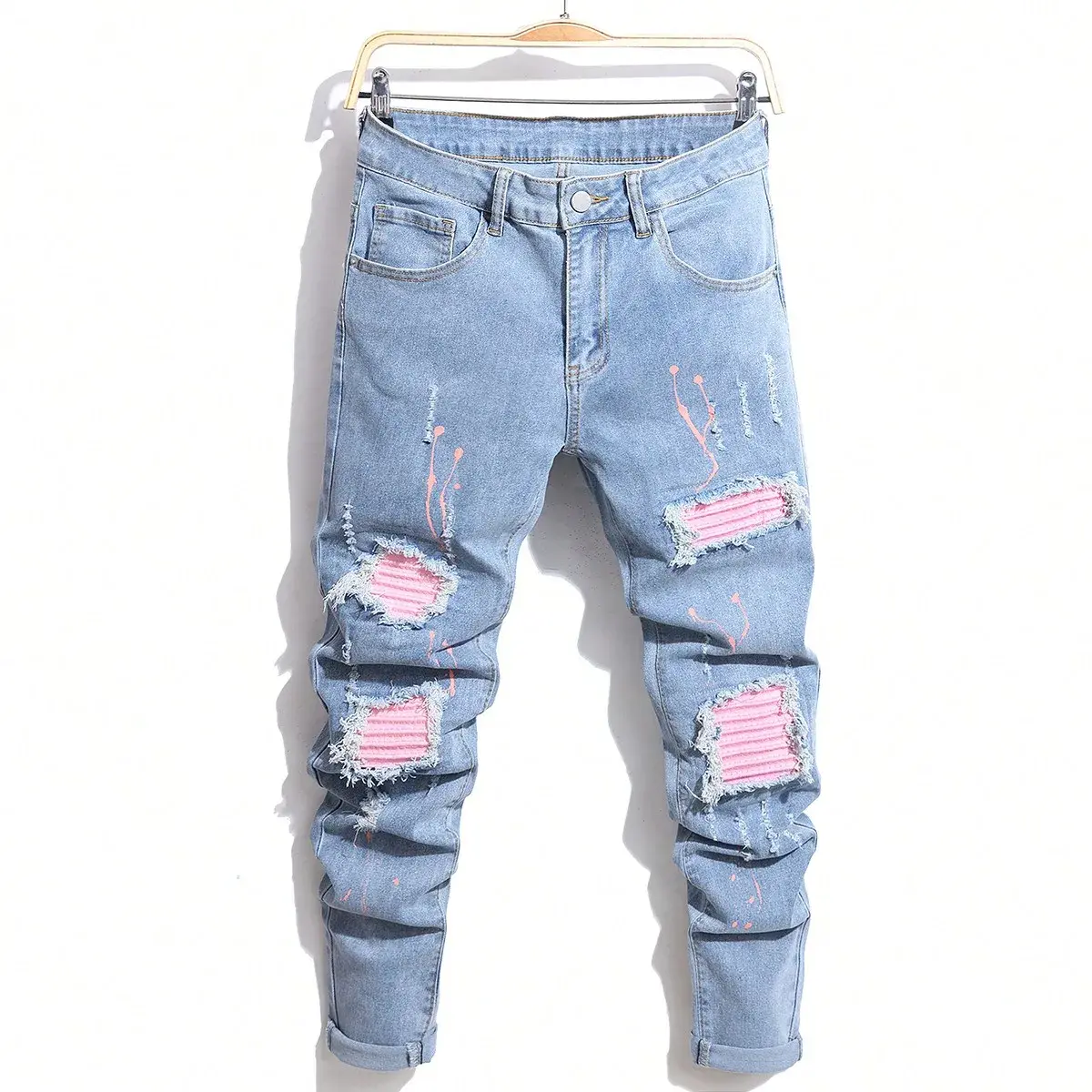 Men's Jeans Cool Ripped Skinny Trousers Stretch Slim Denim Pants Patchwork Hip