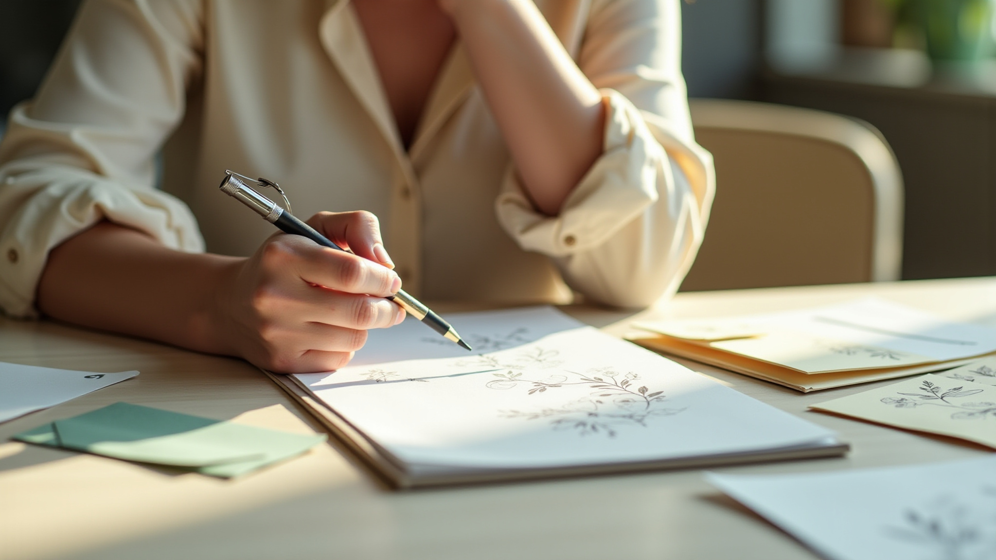 "Woman sketching floral designs on paper with a pencil."
