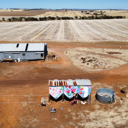 Altes Silo in einer Farmumgebung, das mit einer bunten Motiv aus Schwein, Gans und Blumen bemalt wird