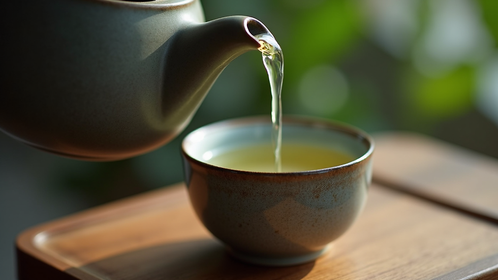 Eye-level view of a teapot pouring green tea into a ceramic cup