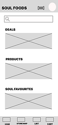 Mobile app wireframe "SOUL FOODS" showing "DEALS", "PRODUCTS", "SOUL FAVOURITES", plus navigation.