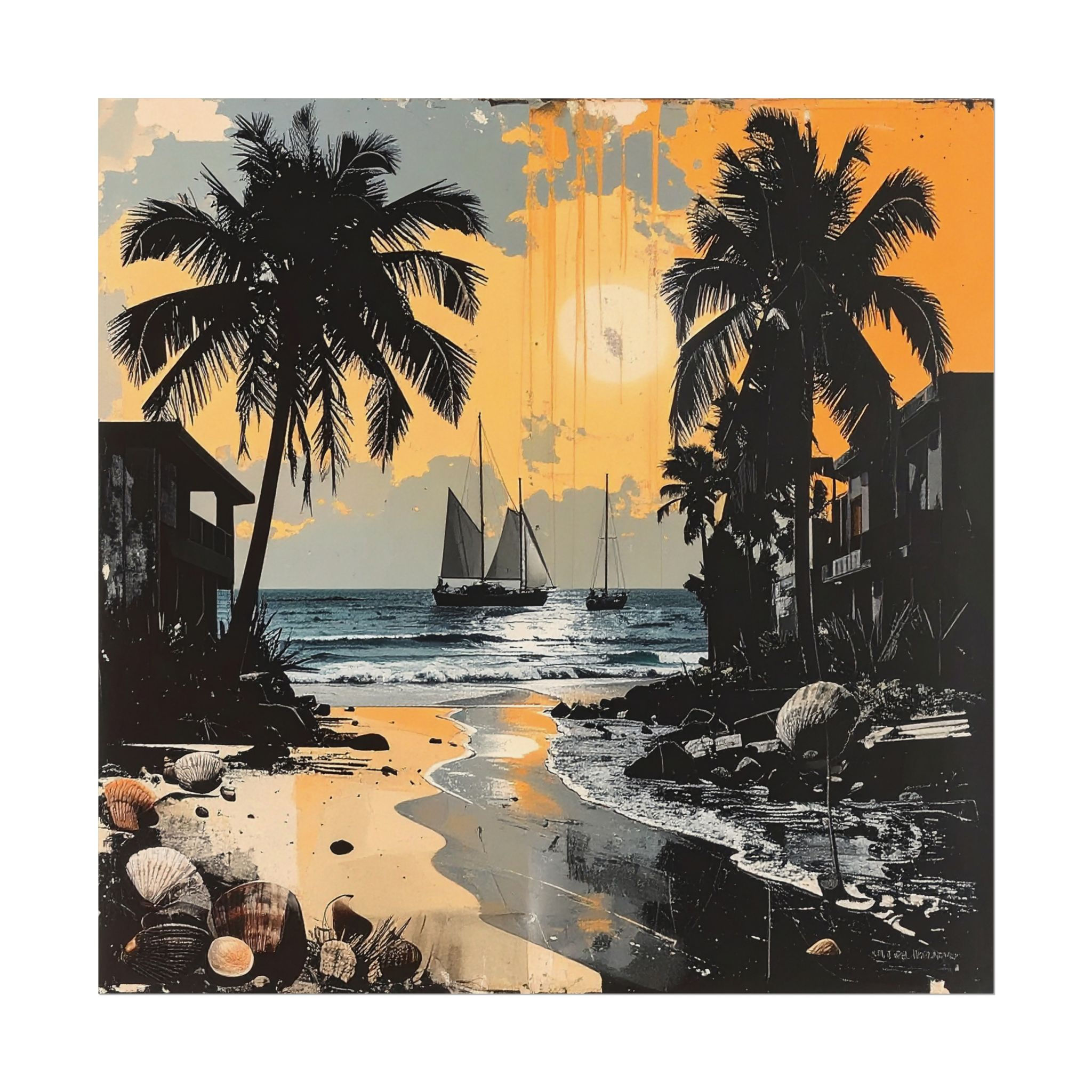 Tropical Sunset Poster — Textured Watercolor Beach Print