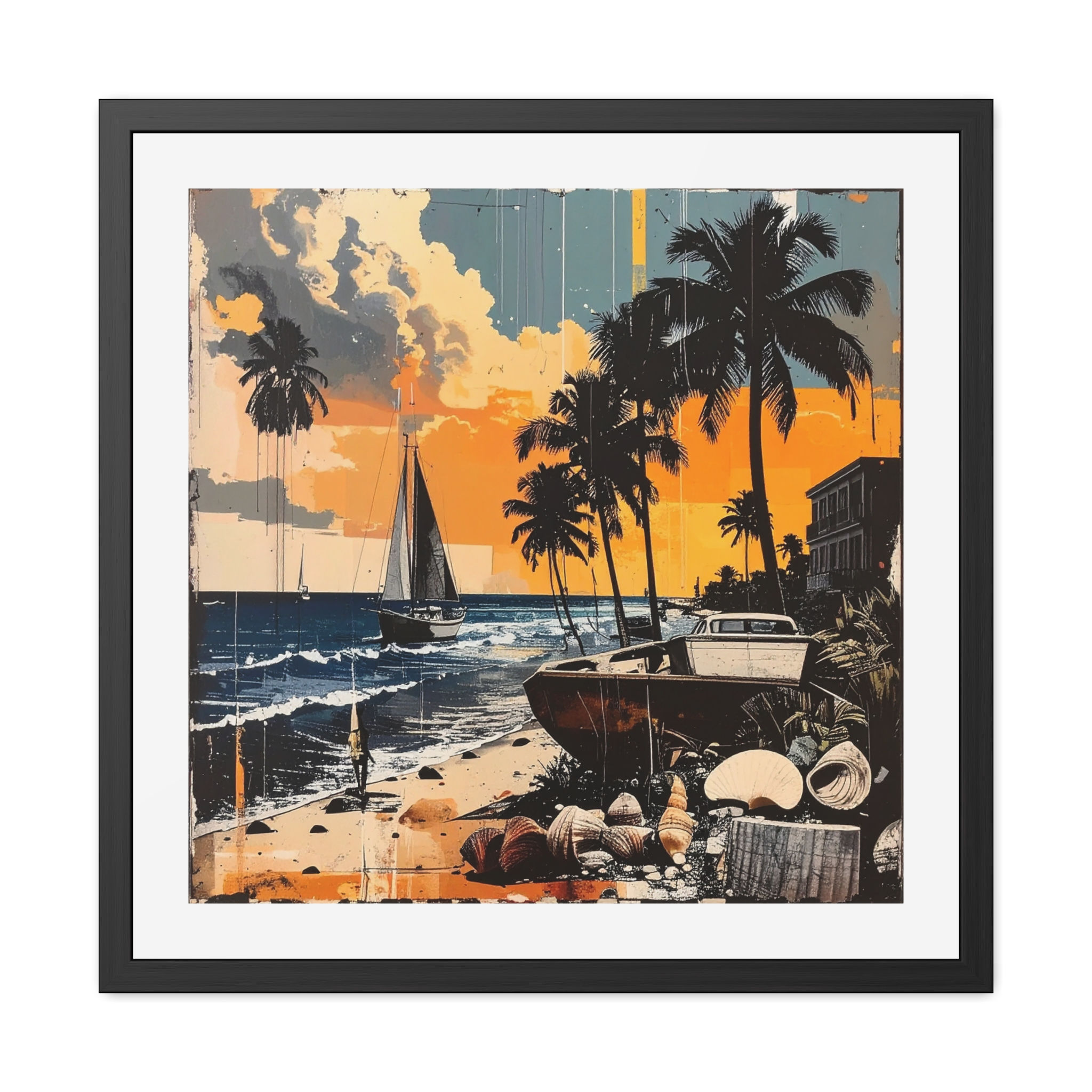 Tropical Beach Framed Poster — Vintage Sunset Sailboat Wall Art