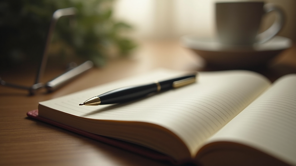 Close-up view of a journal and pen on a wooden desk, symbolizing reflection and emotional awareness