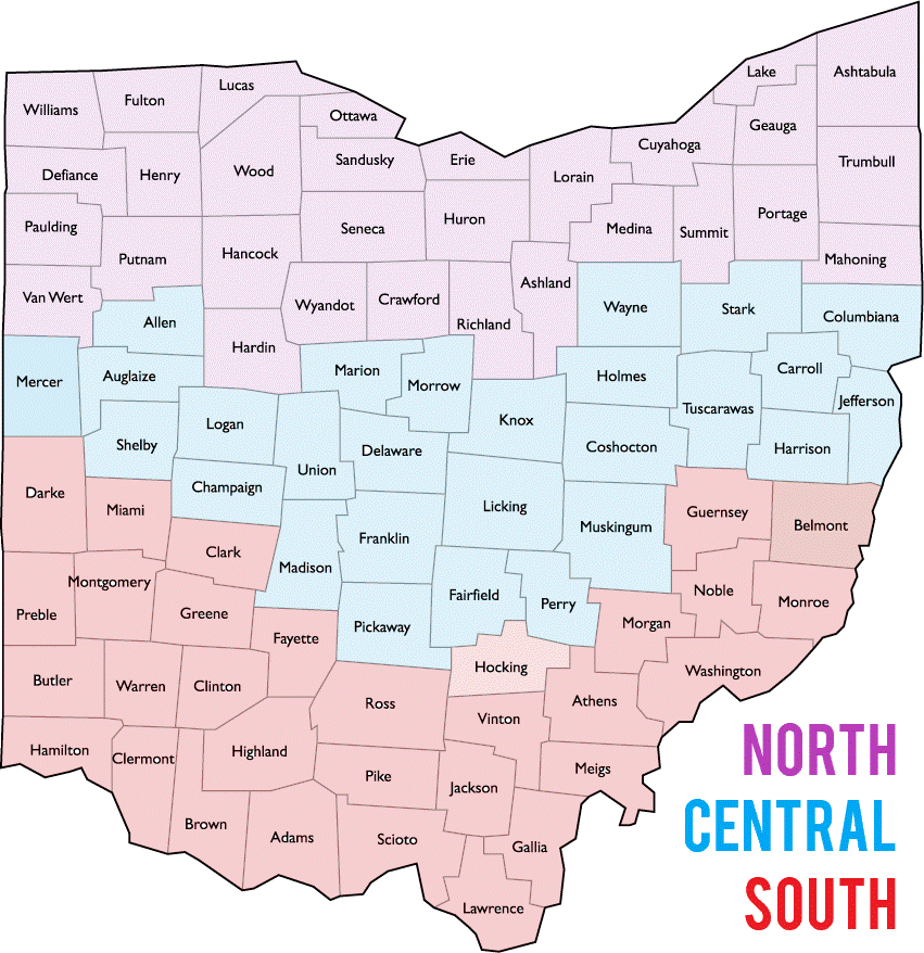 Map displaying the regions of Ohio FBLA