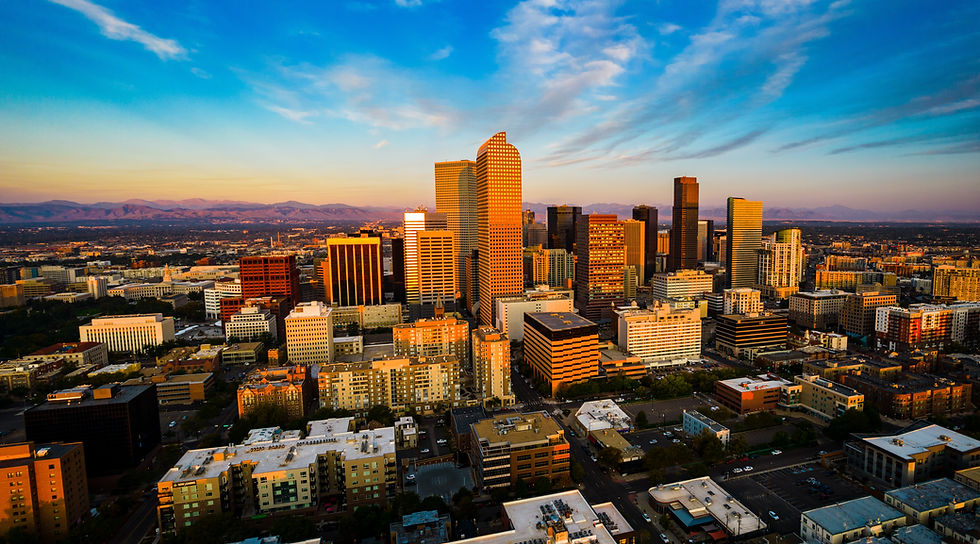 drone view above gorgeous golden hour sunrise in Downtown Denver , Colorado the Mile High