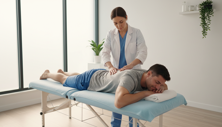 Eye-level view of a chiropractor gently assessing spinal movement in a calm treatment room.