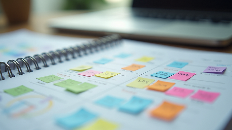 Close-up view of a planner and colorful notes related to business strategy