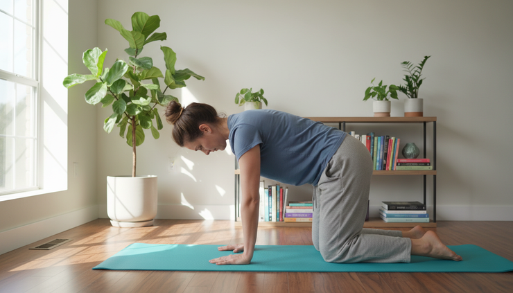 Wide-angle view of a person practicing gentle spinal mobility on a yoga mat at home.