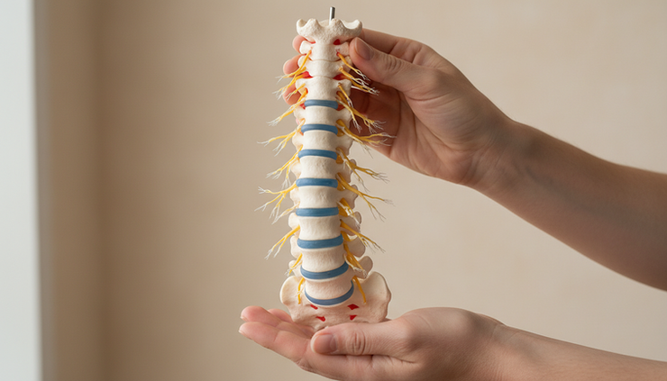 Close-up view of hands demonstrating a spine model and nerve branches.
