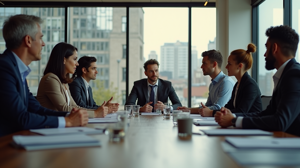 Eye-level view of a team in a meeting discussing strategic goals