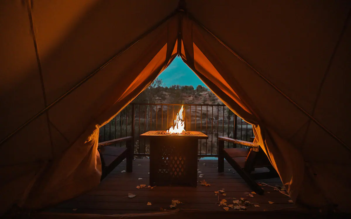 Night Time Glamping Tent with Lit Fire pit in Kanab