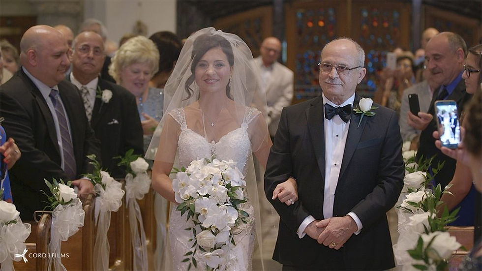 bride walking down the aisle at the wedding ceremony with her father
