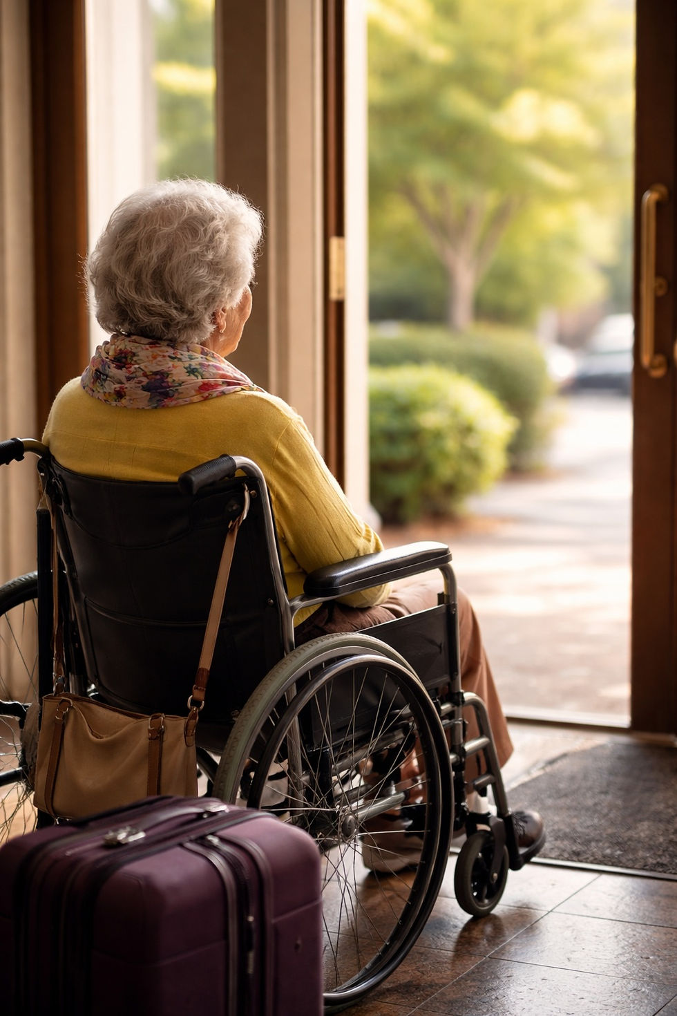 A resident waits near the door in her wheelchair, phone in hand — convinced her future is arriving, even as everyone else knows it isn’t.